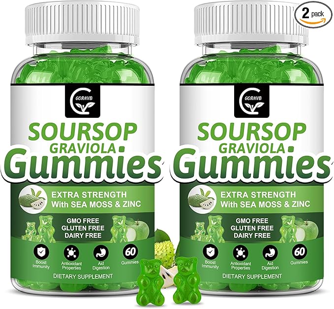 (2 Pack) Soursop Graviola Gummies - 2200mg Extra Strength Soursop Leaves Extract w/Sea Moss Extract 200mg Zinc &amp Vitamin C - Supports Immunity Liver &amp Digestive Gluten Free Vegan 120 Gumm