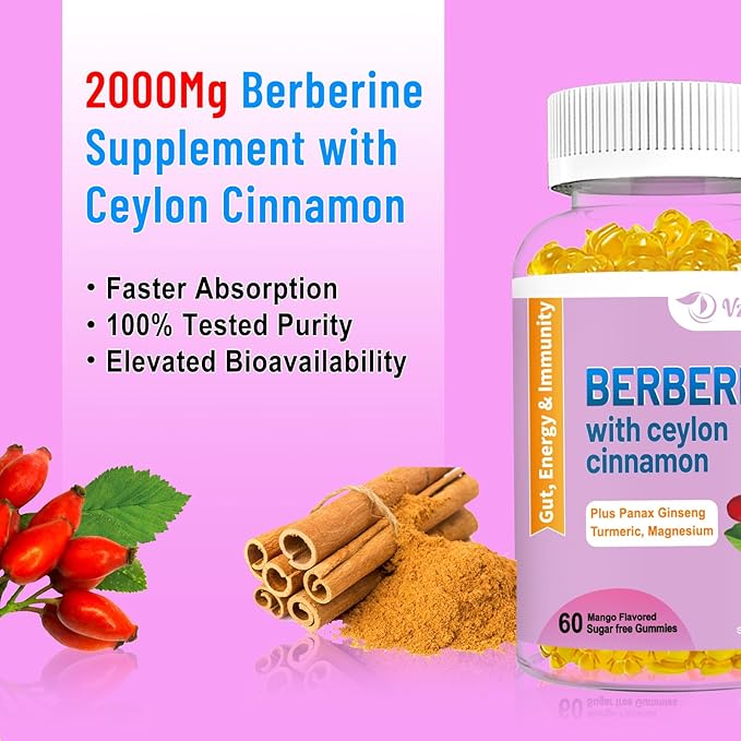Berberine with Ceylon Cinnamon Gummies High Potency Berberine HCI Supplement Immune Health Support 120 Mango Flavored Gummies