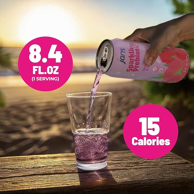 Jans Sparkling Prebiotic Drink Soda Beverage 8.4 Fl Oz (24-Pack Variety Flavors) – Low Calorie NO Added Sugar Non-GMO Sparkling Fruit Beverage Gut Health Support