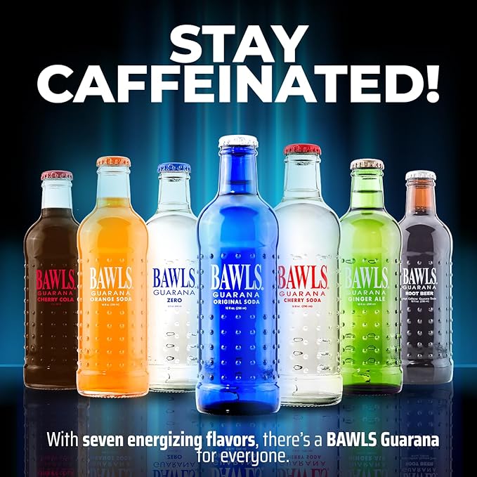 BAWLS Guarana Original - Guarana Fueled Soda for Energy High Energy Caffeinated Drink 10oz 24 Pack Glass Bottles