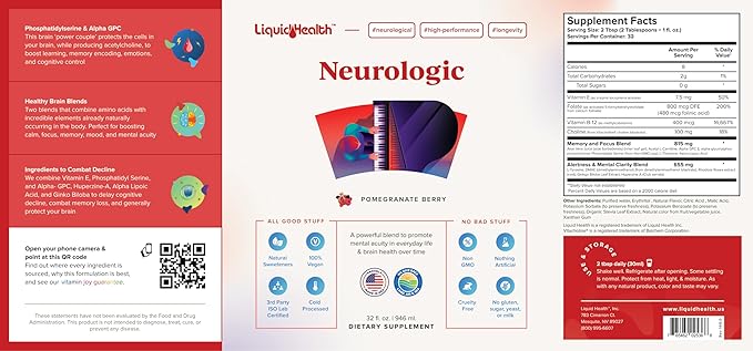 LIQUIDHEALTH Neurologic Focus Supplement - Brain Booster Nootropic Supplement for Cognitive Function Memory &amp Focus with Ginkgo Biloba Choline L-Theanine &amp Phosphatidylserine - USA Made (2
