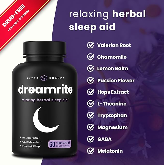 NutraChamps 10-in-1 Natural Sleep Aids for Adults - Melatonin Lemon Balm 1000mg Chamomile 400mg Valerian Root 600mg L Theanine L Tryptophan GABA Magnesium Sleep Aid