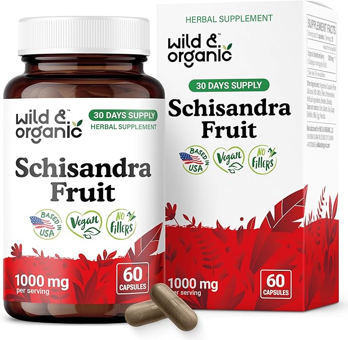 Wild &amp Organic Schisandra Supplement Capsules 1000 mg - Mood &amp Relaxation Support - Schisandra Berry Powder Extract - Vegan No Fillers Non-GMO - 60 Count