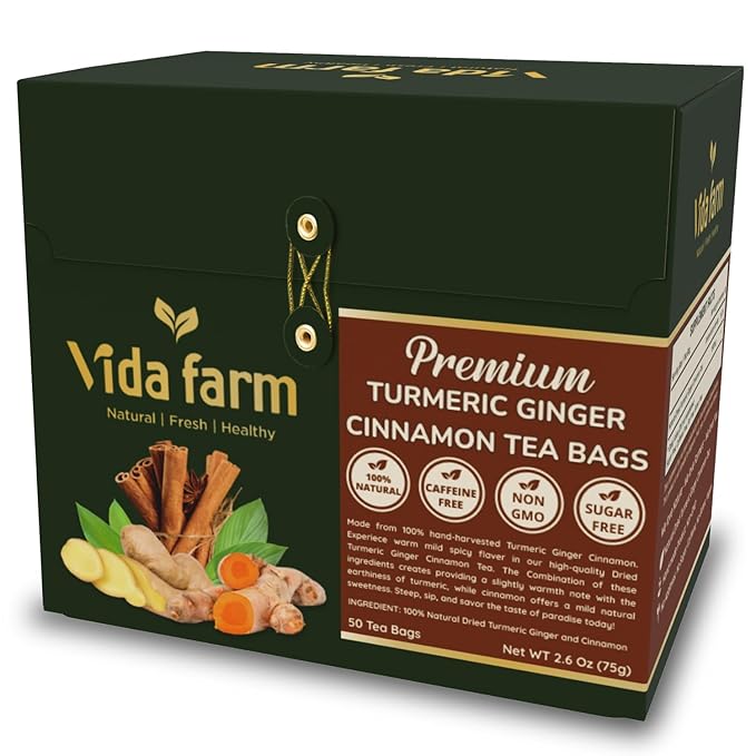VIDA FARM 50 Turmeric Ginger Cinnamon Tea Bags 100% Natural Ginger Cinnamon Turmeric Tea Te De Curcuma Jengibre Herbal Tea Sugar Free Caffeine Free Gluten Free