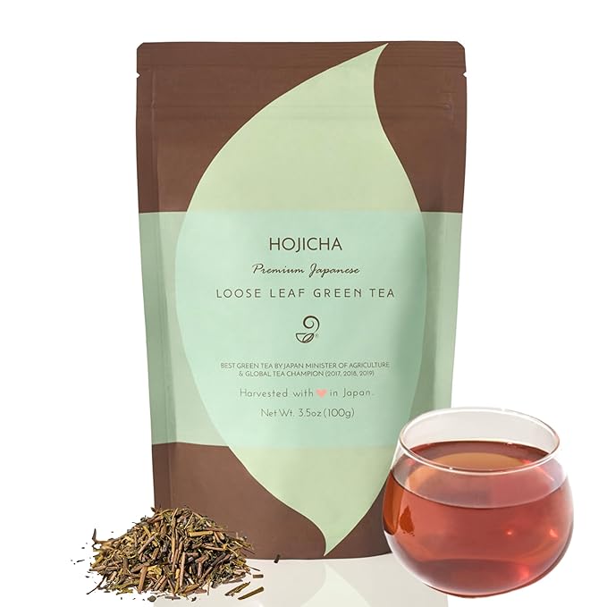 Japanese Green Tea Co. Hojicha Roasted Japanese Green Tea Loose Leaf Tea From Arahataen Farms – Low Caffeine Enhanced Flavor Catechin Enriched and Naturally Sweet Organic Green Tea