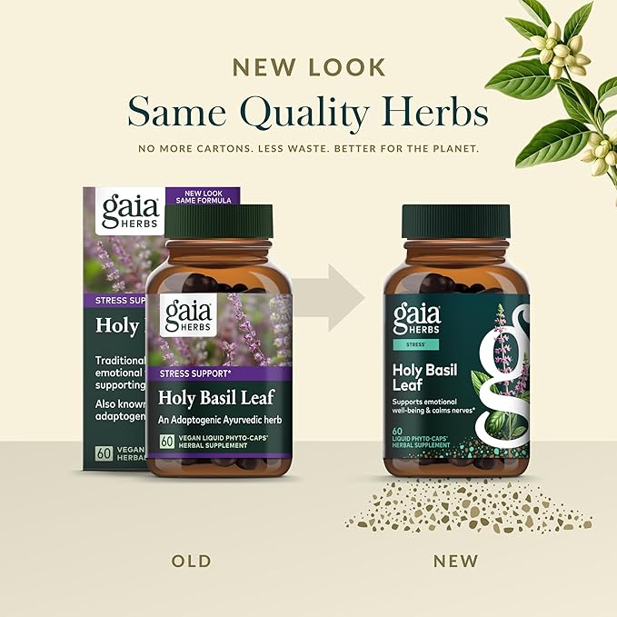 Gaia Herbs Holy Basil Leaf - Traditionally Used to Support Stress Response - Adaptogenic Ayurvedic Herb* - 60 Vegan Liquid Phyto-Caps (30 Servings)