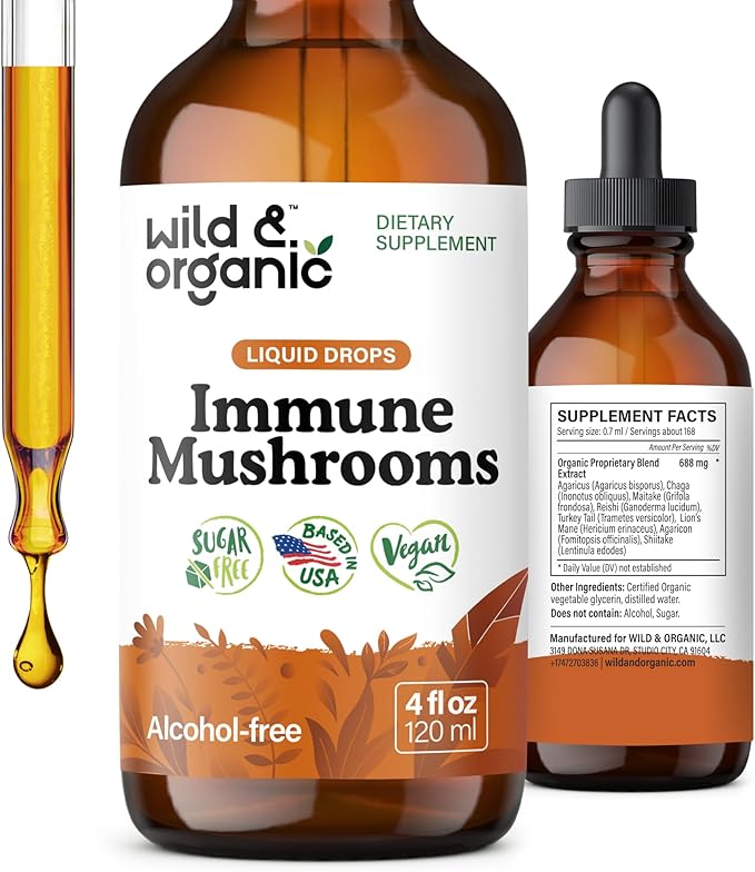 Wild &amp Organic Immune Mushroom Tincture - 8-in-1 Immune Support with Chaga Reishi Turkey Tail Lion’s Mane Maitake Extract - Liquid Mushroom Supplement - Vegan Sugar &amp Alcohol-Free Drops -