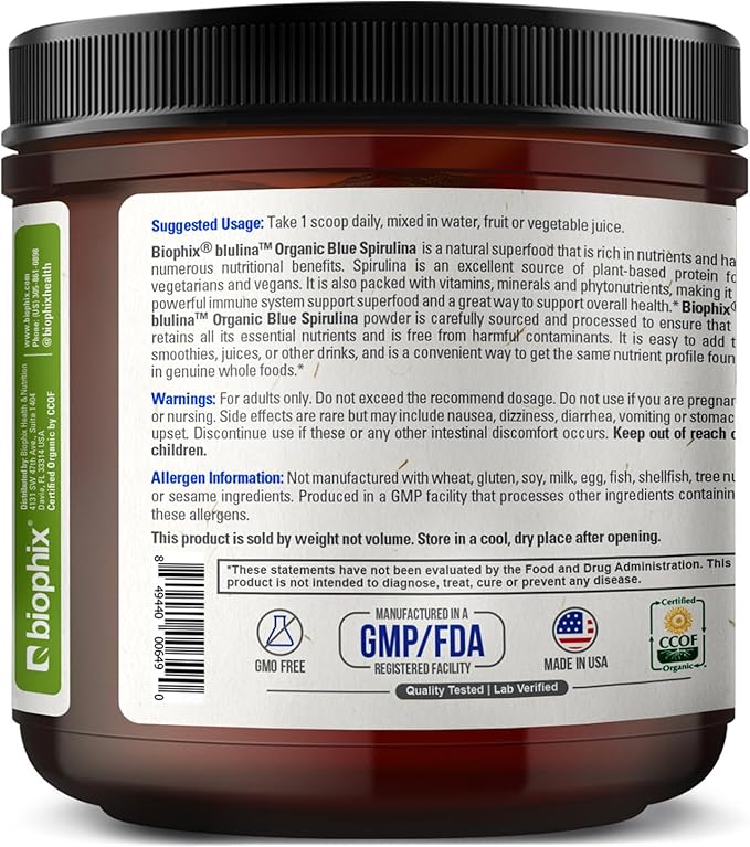 biophix Blue Spirulina Powder Organic Blulina 6 oz - Algae Organic Spirulina Powder 170 Servings - Superfood Supplement - Natural Blue Pigment - Espirulina en Polvo Organica Pura Azul