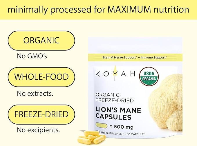 KOYAH - Organic Lion's Mane Mushroom Capsules - 100% Fruiting Body Freeze-Dried USA 3rd Party Tested for Beta-Glucans 500 mg Brain &amp Nerve Support. Immune Support. 60 Capsules