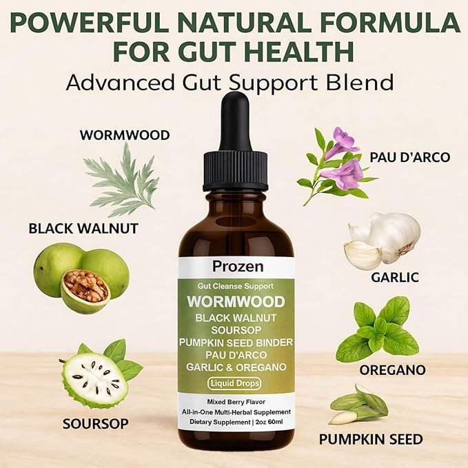 Prozen Wormwood Gut Cleanse Liquid Drops Nuvian Wormwood Black Walnut Clove Gut Cleanser for Adults with Soursop Pumpkin Seed Pau D'Arco Garlic Oregano Boosts Energy Health &amp Absorption2Oz