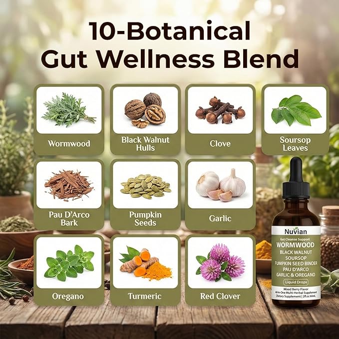NUVIAN Prozen Wormwood Gut Cleanse Liquid Drops Black Walnut Wormwood Clove Gut Cleanse &amp Digestive Health with Soursop PAU D'Arco Pumpkin Seed Garlic Oregano Energy Boost2 fl oz