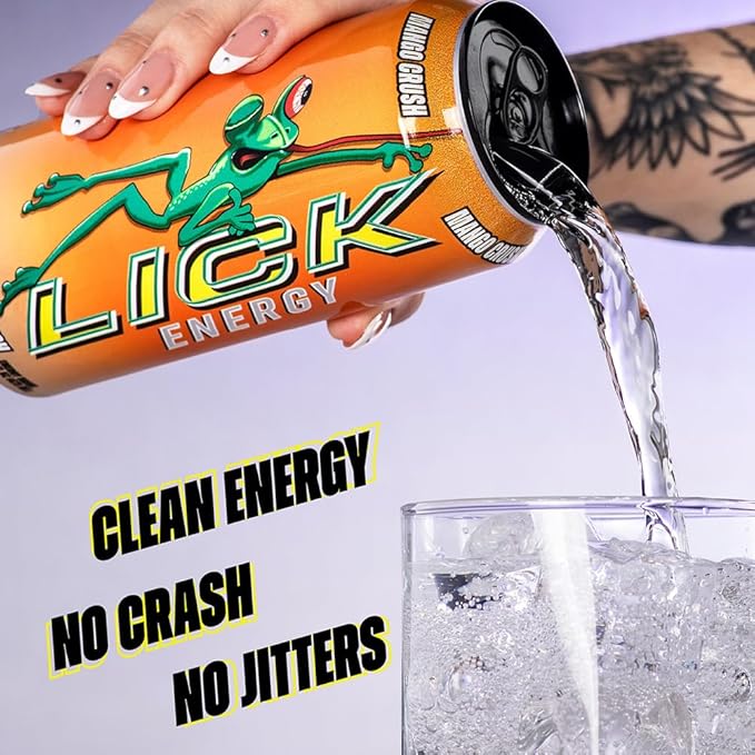 LICK Energy Drink - Zero Sugar No Crash Green Tea Caffeine (180mg) with Antioxidants and Vitamins A B6 B12 and C 16oz (12pk) - Mango Crush