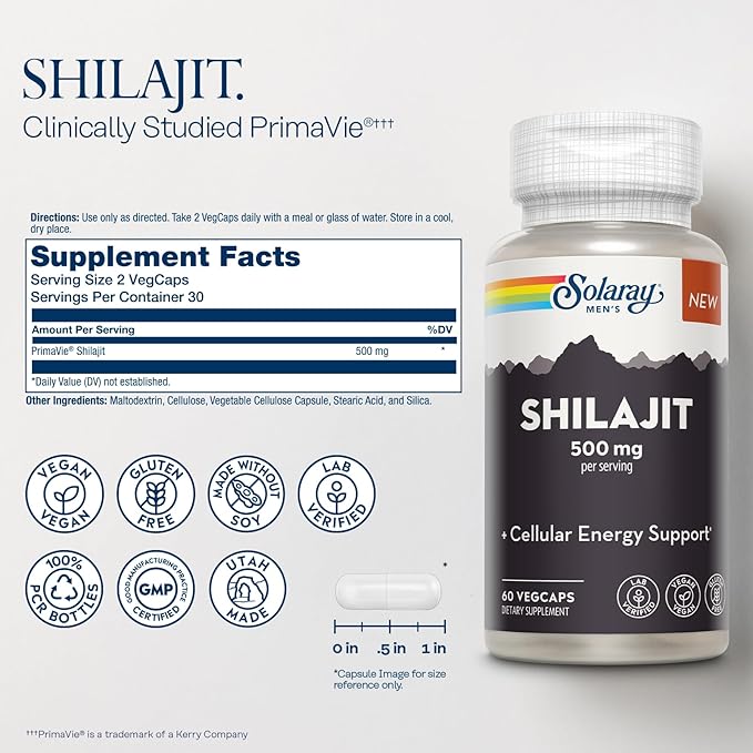SOLARAY Shilajit 500 mg PrimaVie (R) Himalayan Shilajit for Men Adaptogenic Cellular Energy Support Men’s Health Supplement Vegan Gluten Free 60-Day Guarantee - 30 Servings 60 VegCaps