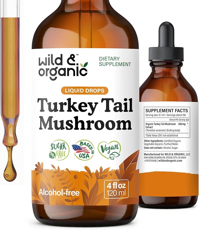 Wild &amp Organic Turkey Tail Mushroom Tincture - Immune Support Drops with Turkey Tail Extract - Liquid Mushroom Supplement for Gut Support - Vegan Sugar &amp Alcohol-Free - 4 fl oz