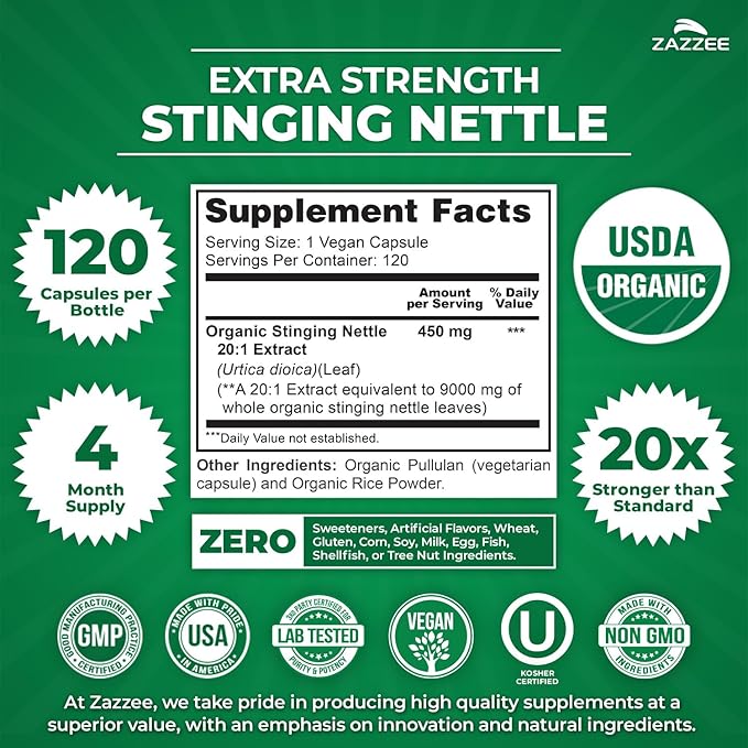 Zazzee USDA Organic Stinging Nettle Leaf 20:1 Extract 120 Vegan Capsules 4 Month Supply Urtica Dioica Respiratory Immune &amp Seasonal Wellness Support Organic Herbal Supplement Made in the US