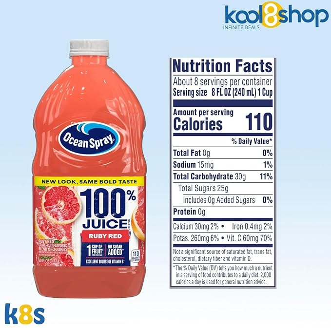Ocean Spray 100% Ruby Red Fruit Juice No Added Sugar 60 fl oz 4 Pack + 15 Sugarcane Disposable Straws by KOOL8SHOP Infinite Deals