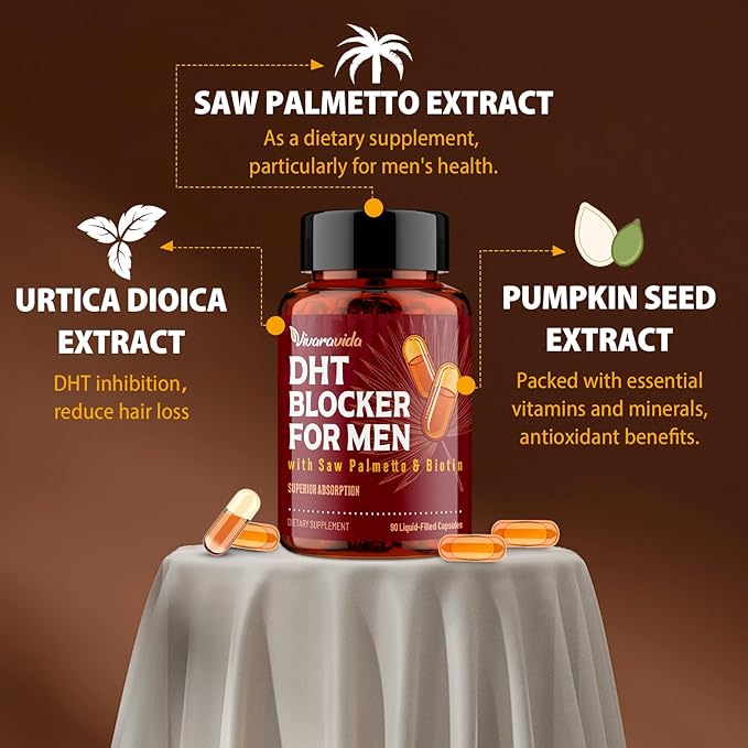 DHT Blocker for Men | Hair Growth Vitamins Supplement with Saw Palmetto &amp Biotin - Hair Regrowth - Natural Hair Loss Supplements Liquid-Filled - Proprietary Herbal Blends (90 Capsules)