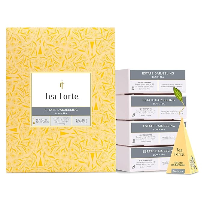 Tea Forte Estate Darjeeling Premium Caffeinated Black Tea Blend Event Box Bulk Pack 40 Count 10 per tray Individually Wrapped Handcrafted Pyramid Infusers