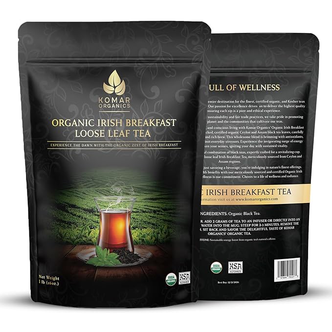 Komar Organics Irish Breakfast Tea – 16Oz USDA Organic Black Loose Leaf Tea – Certified Kosher Ceylon and Assam Black Tea Loose Leaf Rich in Antioxidants – Energy Boosting Organic Black Tea for Mornin