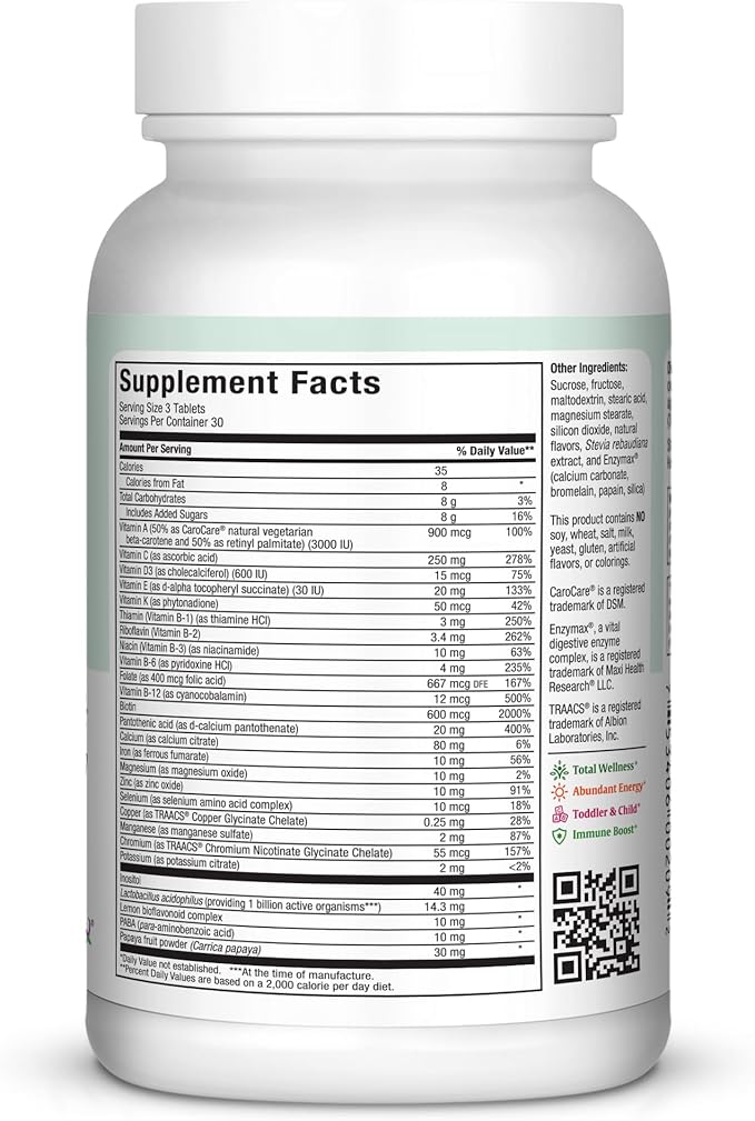 Maxi Health Chewable Multivitamin for Kids Teens and Adults - Cherry Chewable Vitamins for Adults &amp Children - Kosher Kids Multivitamin + Iron (90 Tablets)