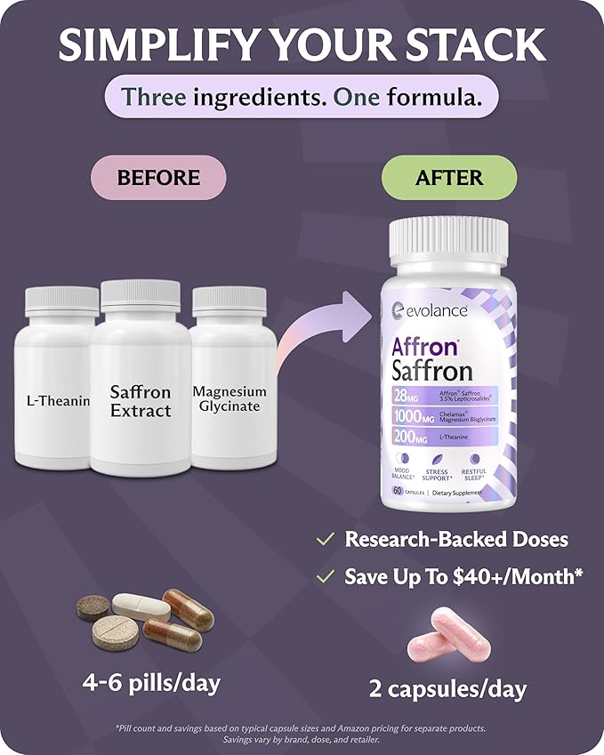 Saffron Supplements Extract for Stress &amp Mood Support – Affron 28mg Magnesium Glycinate 1000mg L-Theanine 200mg – High Absorption Sleep &amp Focus Support Melatonin-Free 60 Veggie Capsules
