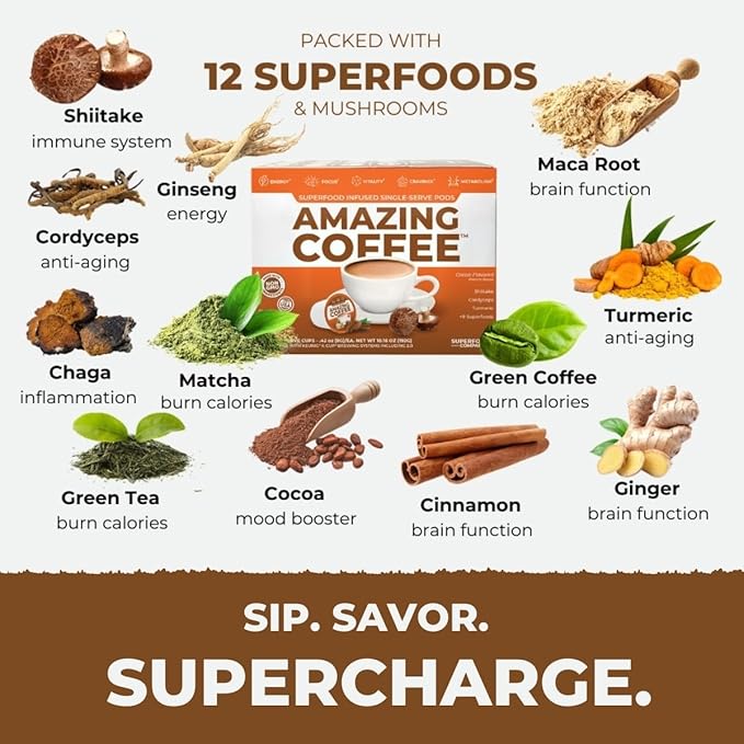 Superfoods Company Amazing Coffee- 12 Natural Superfoods - French Roast - Weight Loss &amp Brain Boost - Gluten Free Non-GMO Sugar Free Vegan &amp Keto Friendly [48 Pods] [Cocoa]