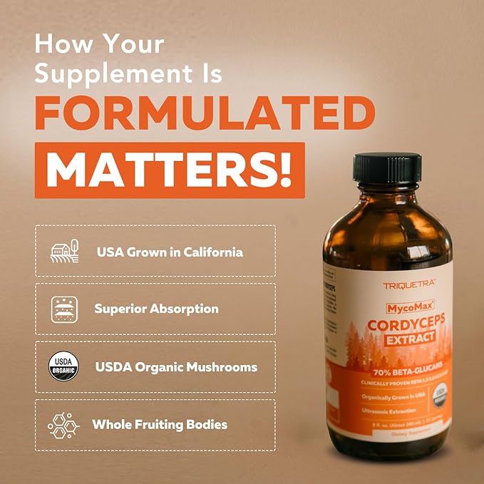 Organic Cordyceps Mushroom Extract - 70% Beta Glucans - Highest Active Nutrient Levels Max Potency Cordyceps Tincuture US Grown + Ultrasonic Extraction - Performance Immunity and Energy - 8 oz.