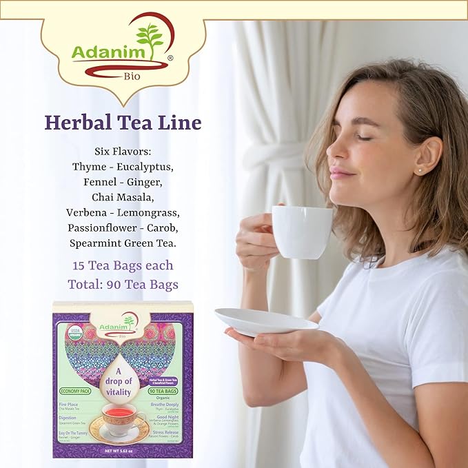 Adanim Bio A Drop of Vitality Organic Tea Sampler Variety Pack Gift Box Assorted Flavors of Green &amp Herbal Tea Gift Set Assortment 6 Flavors 90 Individually Wrapped Tea Bags Kosher Holiday Gifts