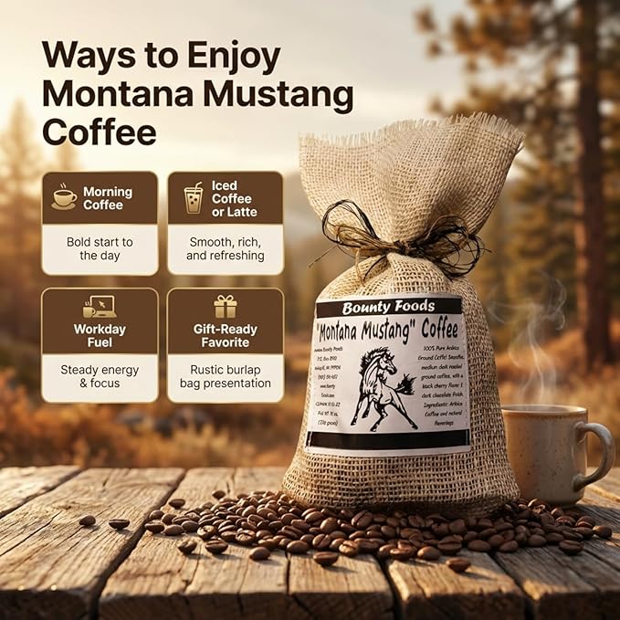 Montana Mustang Columbian Arabic Coffee - 12 oz Ground &amp Roasted w/ Natural Black Cherries In a Rustic Western Style Burlap Bag from Bounty Foods - Enjoy this American Breakfast Essential (MUS 12o