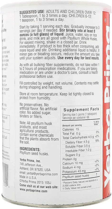 Yerba Prima Psyllium Husk 12 Ounce (Pack of 3) - Whole Husk Fiber Supplement for Regularity Colon Cleansing Natural Support for Gut Health Non GMO Gluten Free Vegan No Sweeteners