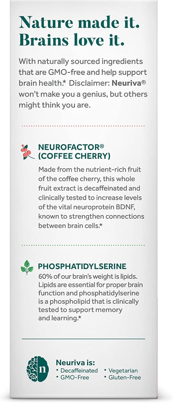NEURIVA Original Brain Supplement for Memory Focus &amp Concentration + Learning &amp Accuracy with Clinically Tested Nootropics Phosphatidylserine and Neurofactor Caffeine Free 30ct Capsules