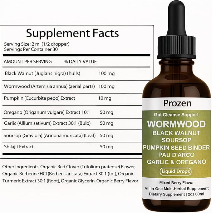 Prozen Wormwood Gut Cleanse Liquid Drops Nuvian Wormwood Black Walnut Clove Gut Cleanser for Adults with Soursop Pumpkin Seed Pau D'Arco Garlic Oregano Boosts Energy Health &amp Absorption2Oz