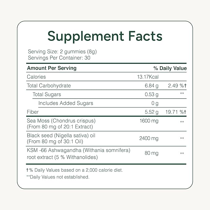 Sea Moss Gummies I 92+ Minerals I Black Seed Oil I KSM 66 Ashwagandha I Lab Tested I No Added Sugar | for Men Women I Non-GMO I 100% Natural &amp Organic I 1600 mg I 60 Gummy