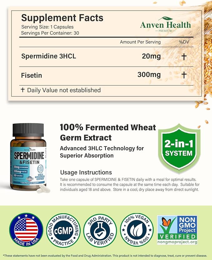Spermidine &amp Fisetin Supplement - 20mg of 99% Spermidine Per Serving 3HCL &amp 300mg Fisetin for Women Men Cell Renewal Aging Defense &amp Longevity Gluten Free Non-GMO Made in USA | 30 Veg