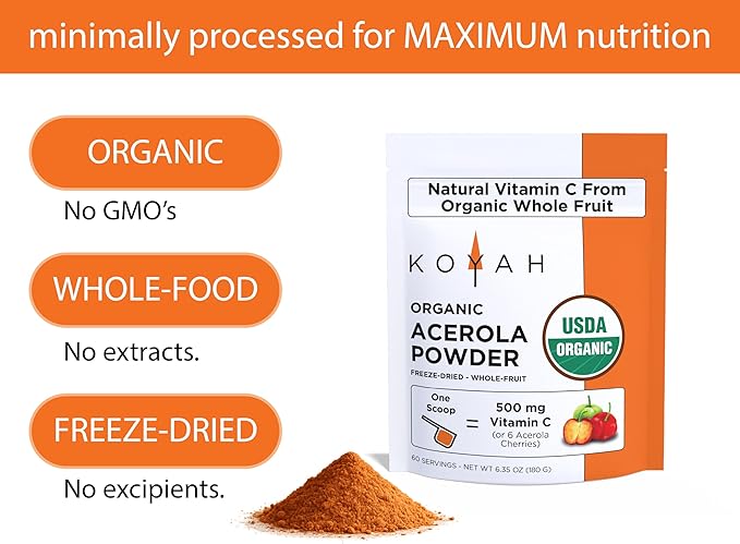 KOYAH - Organic Acerola Powder: Freeze-Dried 100% Pure 500 mg Natural Vitamin C per Scoop Whole-Food Non-GMO Vegan 60 Servings Made from acerola Cherries Grown in Brazil