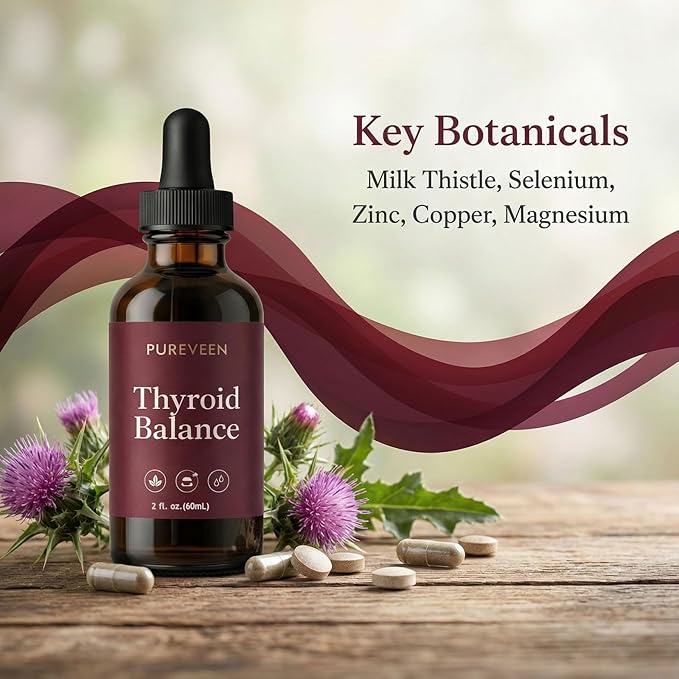 Pureveen Thyroid Balance Thyroid Support Drops for Women Liquid Supplement with Milk Thistle Selenium Zinc Magnesium Daily Wellness &amp Energy Support 60ML