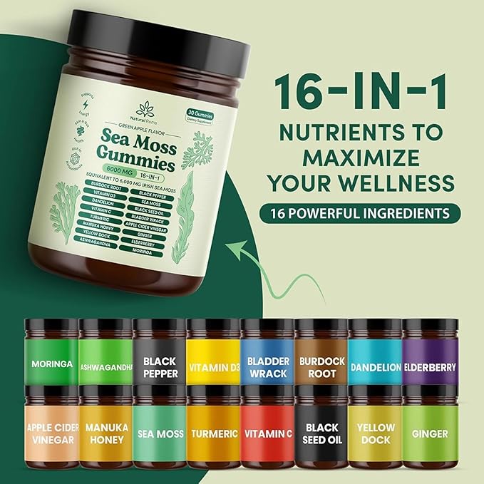 Natural Rems Sea Moss Gummies 16-in-1 - Ashwagandha Black Seed Oil Bladder Wrack Turmeric Vitamin C &amp D3 with Manuka Burdock Root Dandelion Yellow Dock Elderberry Apple Cider Vinegar (Green Apple)