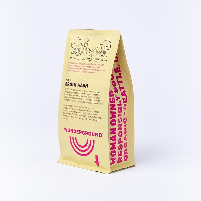 Wunderground's Brain Wash Medium Roast Organic Whole Bean Coffee with Mushroom SuperBoost (12 oz Bag)
