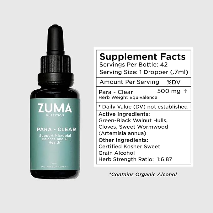 Zuma Nutrition para-Clear Vegan Herbal Liquid with Clove Extract &amp Sweet Wormwood for Gut Health &amp Immune Support Plant Based Water Soluble Supplement for Men &amp Women 30 mL Bottle