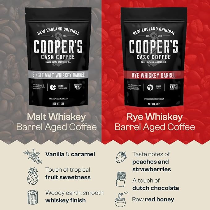 Bourbon Barrel Aged Coffee Whole Bean Set Single Origin Sumatra Whiskey Ethiopian Rye Rwanda Rum Roasted Coffee Beans (Whole Bean 4 Ounce (Pack of 3))