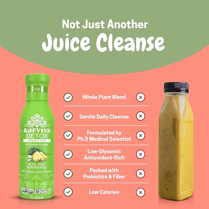 Karviva Organic Juice Cleanse for Sugar Detox &amp Weight Control - Ancient Eastern Remedies for Healthy Digestion &amp Gentle Detox with Sprouts Aloe Vera - Prebiotic Fiber Electrolytes &amp Ant