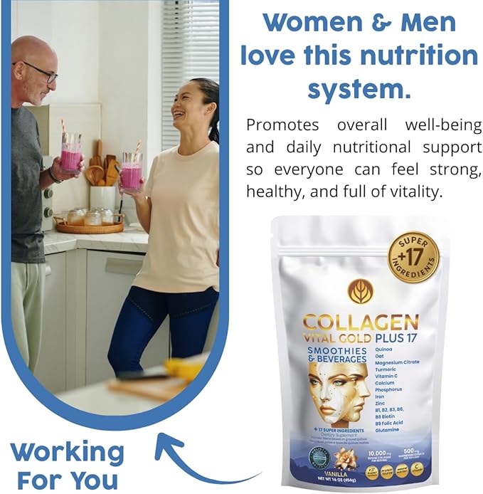 Vital Life Collagen Peptides Powder - Hydrolyzed Collagen with +17 Super Ingredients 1 lb Vanilla Flavor Supplement for Healthy Hair Skin Nails Bones Joints Collagen for Women &amp Men.