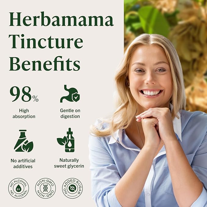HERBAMAMA Slippery Elm Liquid Drops - Vegan Respiratory &amp Digestive Support with Slippery Elm Bark Extract - Non-GMO Alcohol &amp Sugar-Free Supplement Tincture 56-Day Supply
