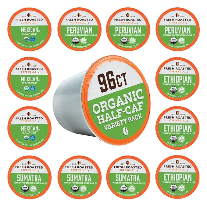 Fresh Roasted Coffee Organic Water-Processed Half-caf Variety Pack | USDA Kosher | K-Cup Compatible 96 Pods
