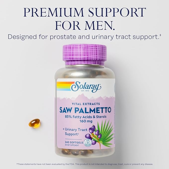 SOLARAY Saw Palmetto Extract - Prostate Health and Urinary Tract Support - 136 mg Fatty Acids and Sterols - Lab Verified 60-Day Money-Back Guarantee (240 Servings 240 Softgels)