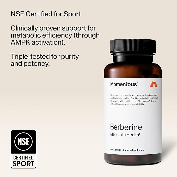 Momentous Berberine - Natural Bioavailable Supplement Formulated from Plant Alkaloid to Help Support Metabolic &amp Cardiovascular Health - Vegan - Gluten Free - NSF Certified for Sport - 60 Servings
