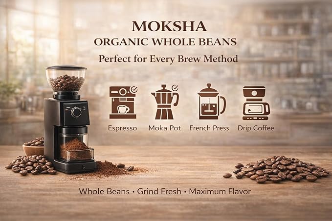 Moksha Organic Espresso Coffee Beans Low Acid Non-GMO Whole Coffee Beans. Medium Roasted to Perfection. Taste of Bakers Cocoa and Toffee. Easy Digestion - 12 OZ