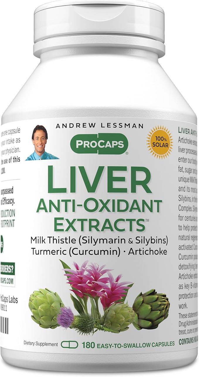 ANDREW LESSMAN Liver Anti-Oxidant Extracts 180 Capsules - Supports The Hard-Working Tissues of The Liver Promotes Optimum Liver Health and Function. Milk Thistle Turmeric and Artichoke Extracts