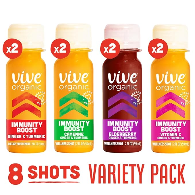 Vive Organic Immunity Boost Shot Sampler Pack | Immunity Boost Original | Immunity Boost Cayenne | Immunity Boost Elderberry | Immunity Boost Vitamin C (2oz shots pack of 8)