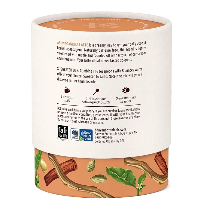 Banyan Botanicals Ashwagandha Latte – Caffeine-Free Organic Herbal Latte Mix – Instant Herbal Adaptogen Drink for Energy Relaxation and Nourishment* – 4.2 oz – Non-GMO Sustainably Sourced Vegan